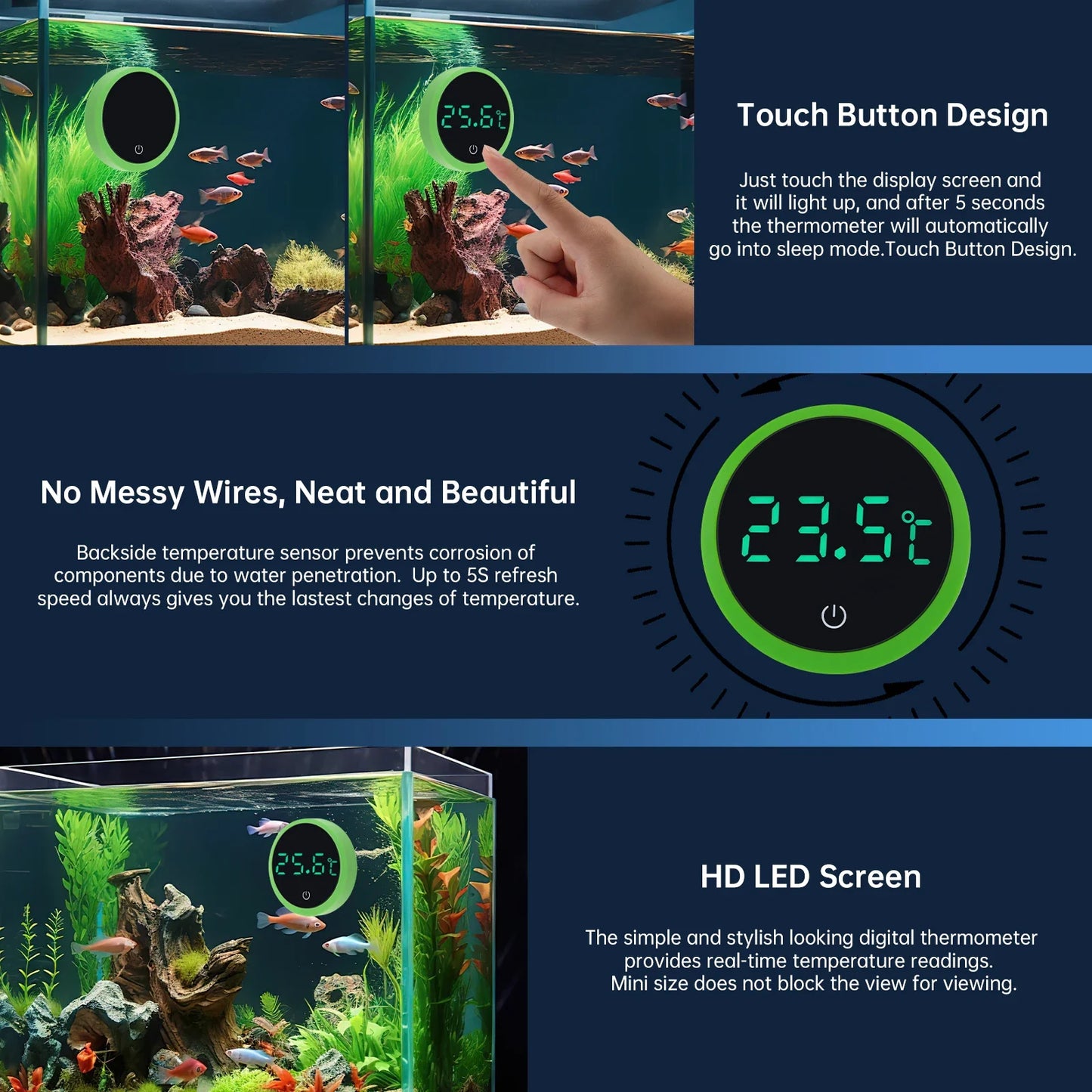Cordless Digital Aquarium Thermometer – LED Display Fish Tank Temperature Gauge & Control