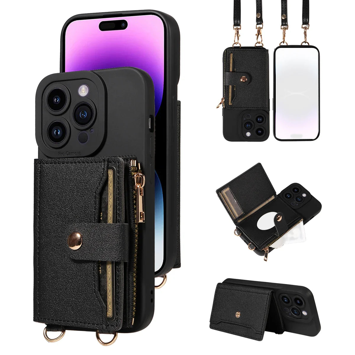 Faux Leather Crossbody Wallet Case for iPhone 16 Pro Max/15/14/13/12/11/XS Max/XR/7/8 Plus – Anti-Drop Phone Cover with Mirror & Card Holder