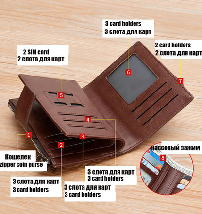 Luxury Leather Men’s Short Wallet – RFID Card Holder with Zipper Coin Purse Portable Billfold