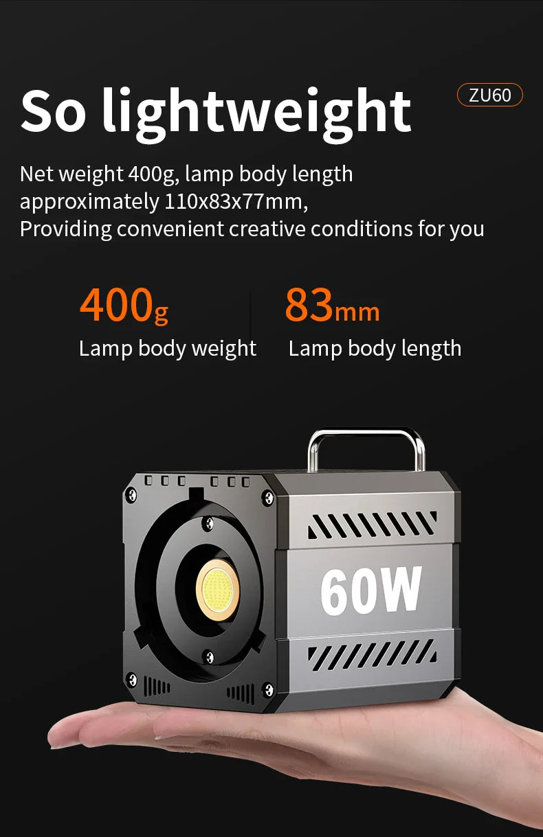 60W COB Video Light - CRI≥90, TLCI≥97, Dual Color Temperature 2700K-6500K, Portable Mini Bowens Live Lighting