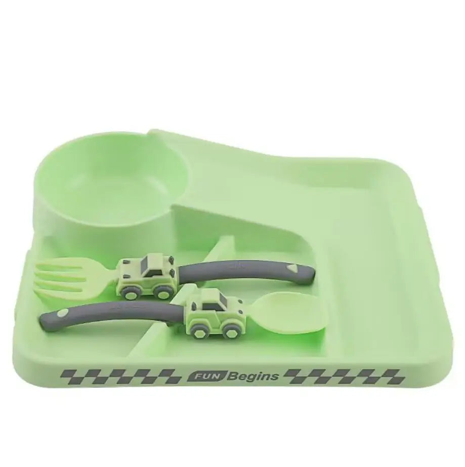 Kids Cartoon Racing Dinner Set - Baby Self Feeding Fork Spoon Plate & Divided Non-Slip Bowl Set