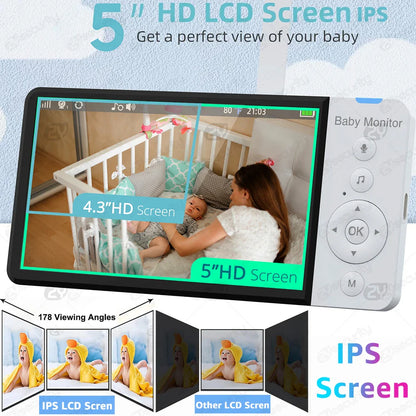 5'' IPS Screen Pan-Tilt-Zoom Video Baby Monitor – 30H Battery, 2-Way Talk, Night Vision, Temperature Sensor & Lullabies, SD Card Support Baby Camera