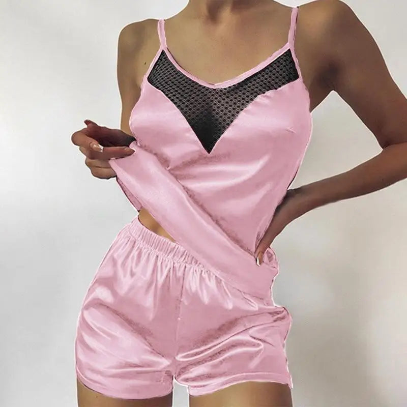 Women’s Summer Pajama Set – Pink Heart Print Ice Silk T-Shirt & Shorts, Comfortable Casual Round Neck Sleepwear