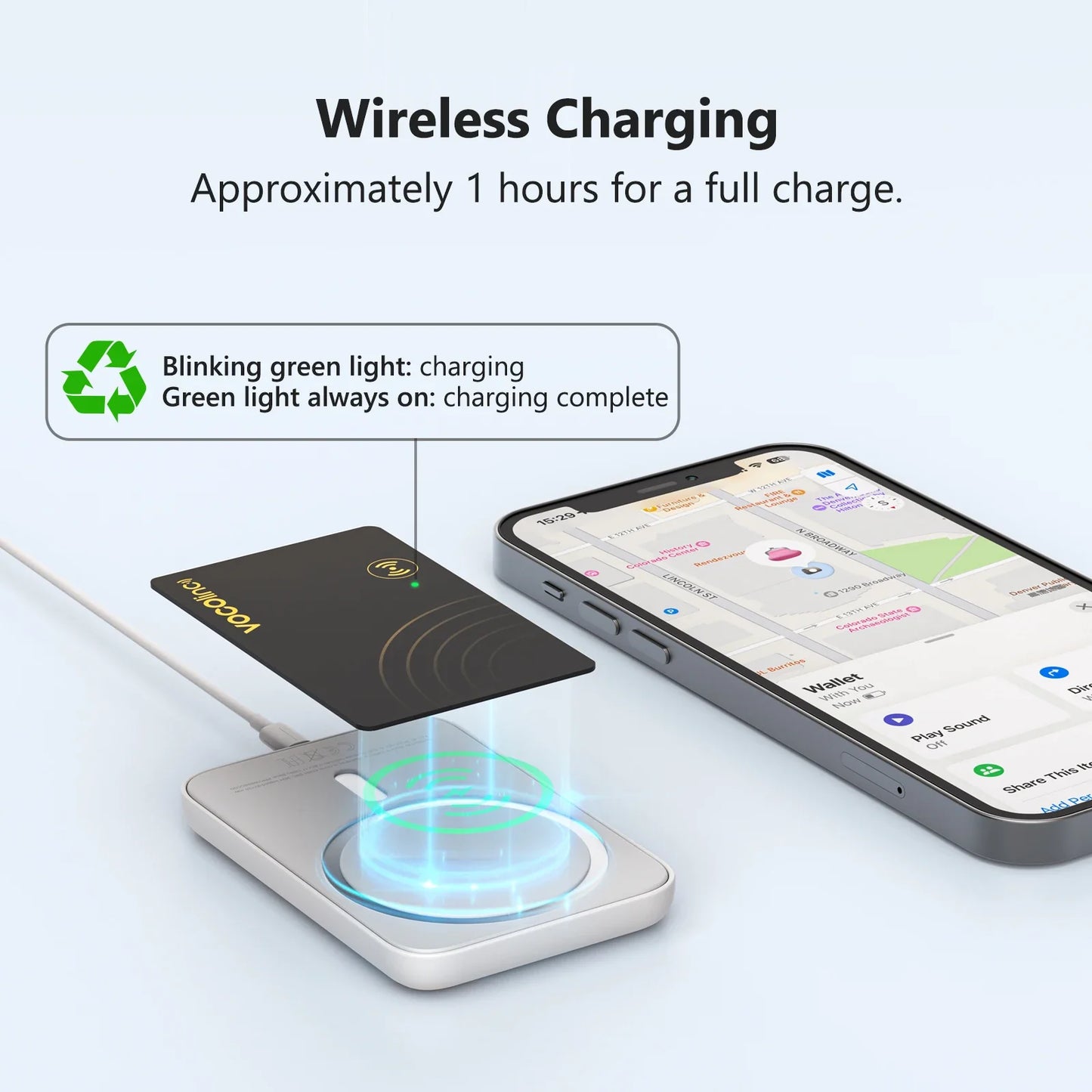 VOCOlinc Wireless Charging Bluetooth Smart Tag — 1/2PCS Global Locator & Item Finder Card, Compatible with Find My (iOS Only)