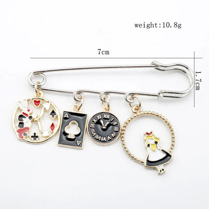 Alice in Wonderland Brooch - Cute Enamel Rabbit, Clock and Poker Shape Pins for Bags, Hats and Clothing