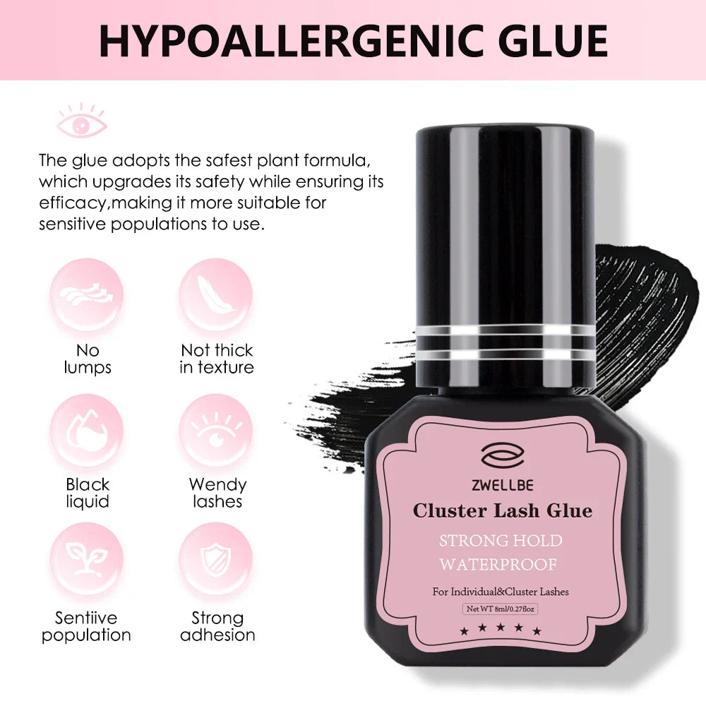 ZWELLBE Lash Clusters Glue 8ml — Black Eyelash Adhesive for DIY Extensions, Long-Lasting, Waterproof & Gentle on Eyes