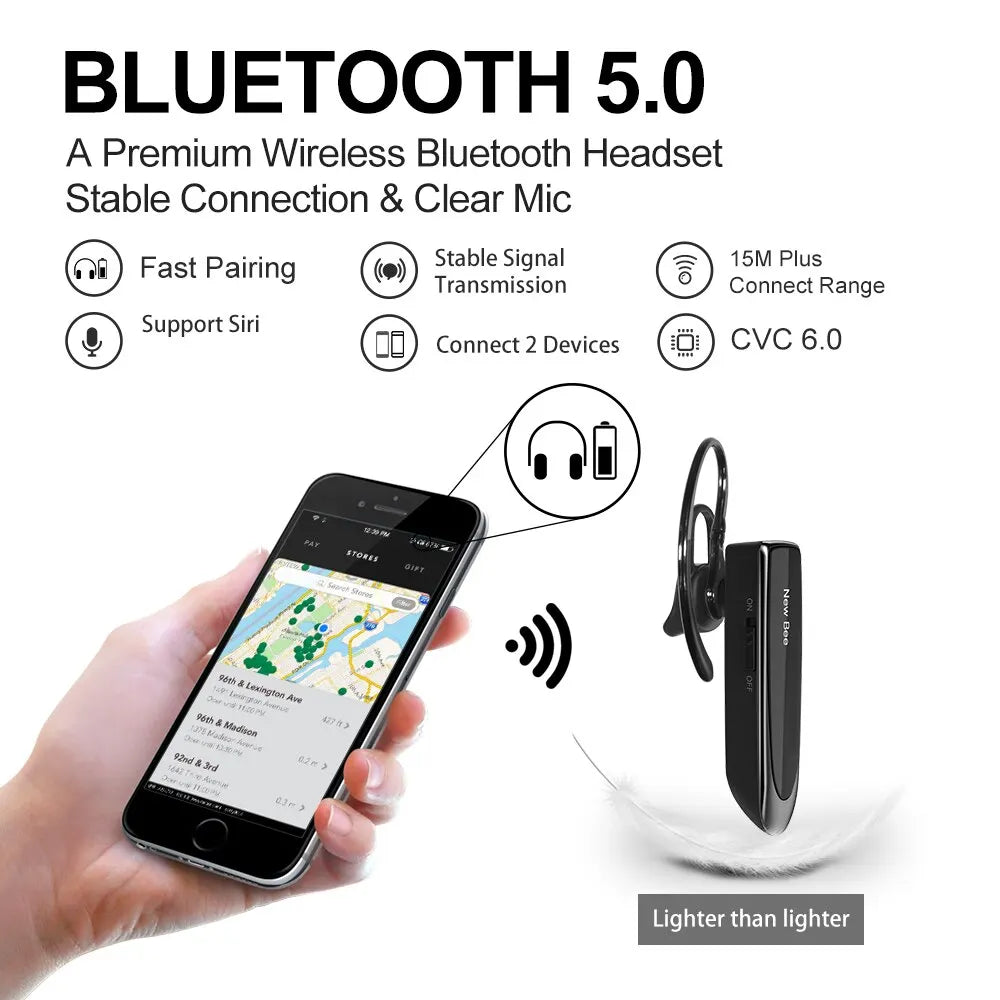 New Bee B41 Wireless Bluetooth 5.0 Earphones – Hands-Free Mini Headset with CVC 6.0 Mic, 22H Music Playing for iPhone