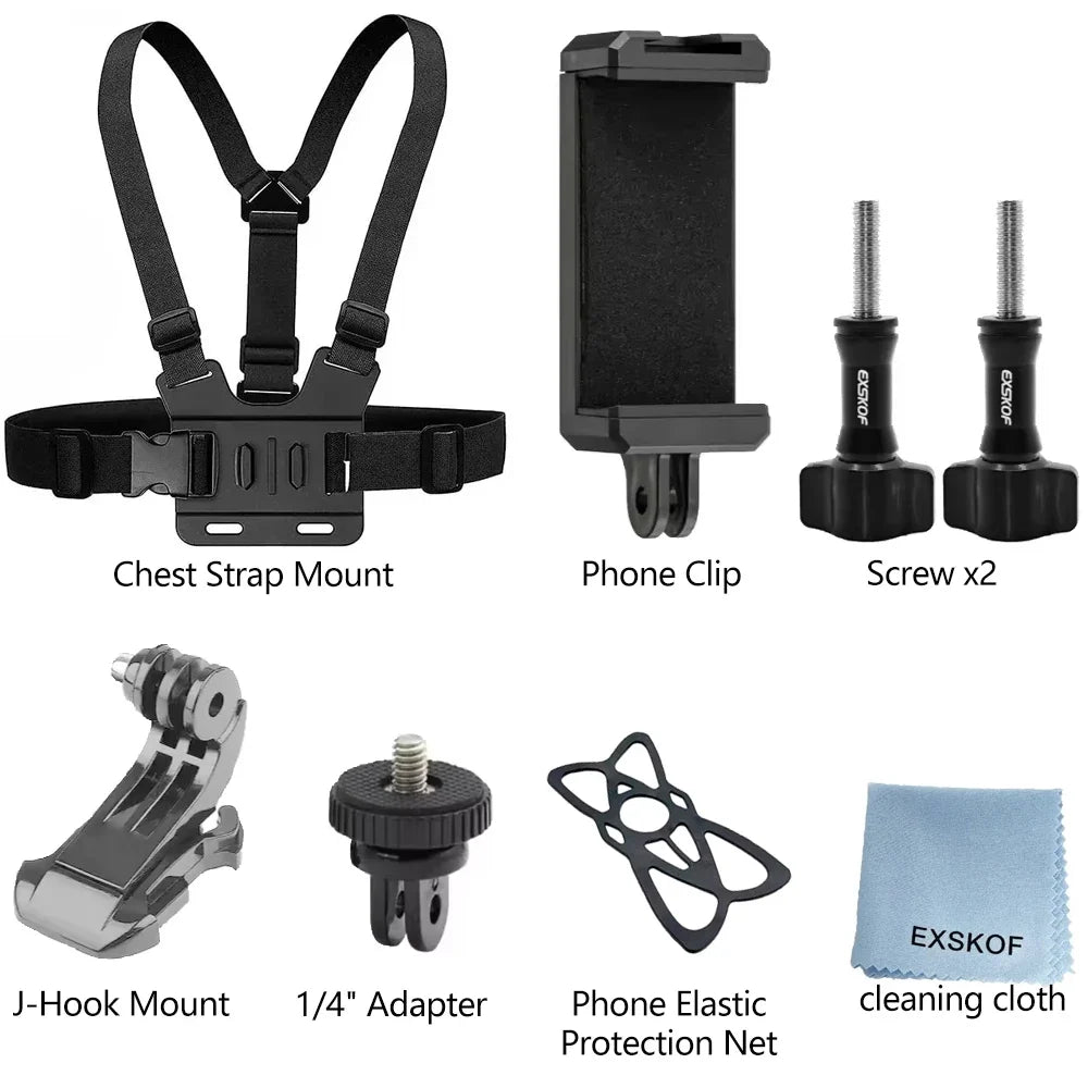Action Camera Accessories Kit - Adjustable Head Strap & Chest Mount Holder for GoPro, DJI, Insta360 & More