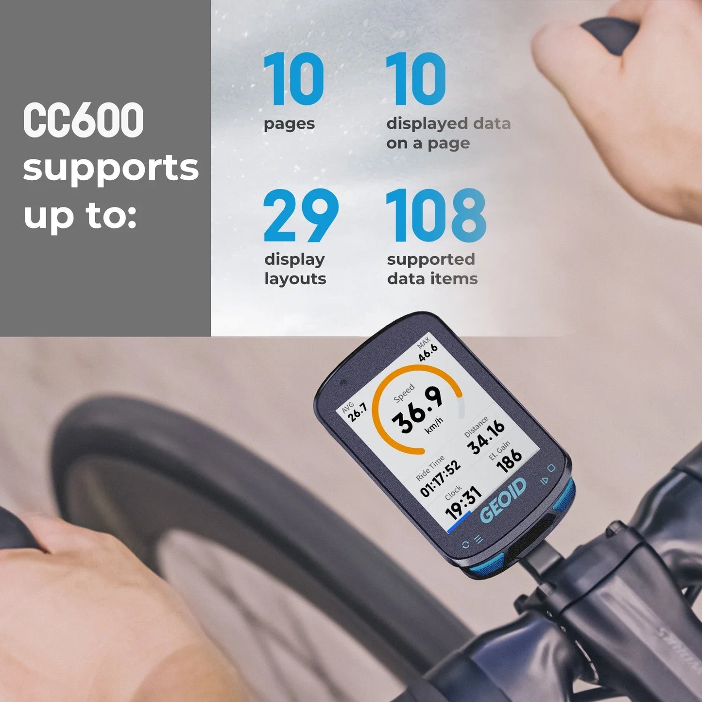 GPS Navigation Bike Computer - Colorful Screen Geoid CC600, Wireless Speedometer, GPX, Wifi Cycling Odometer, ANT+ Indoor Power