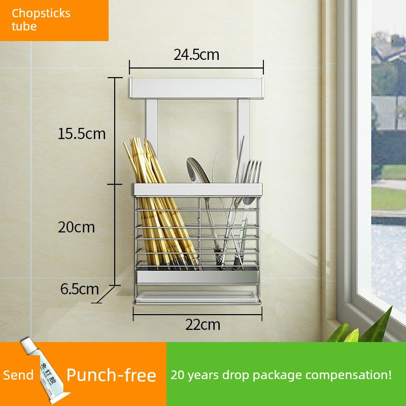 Wall-Mounted 304 Stainless Steel Kitchen Rack – Punch-Free Spice Organizer with Knife Holder & Condiment Storage
