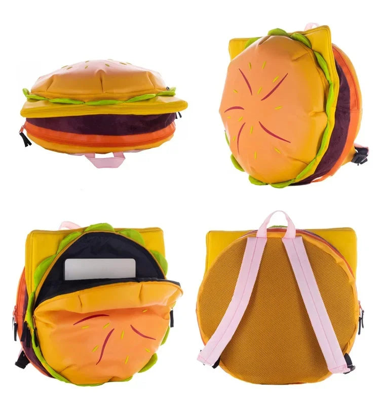 Stylish Hamburger PU Daypack Backpack – Casual Zipper Laptop Bag for Travel, Outdoor, and Unisex Use