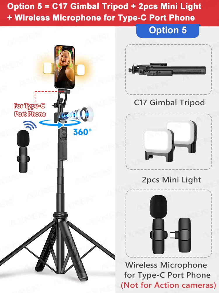C17 AI Smart Gimbal Tripod – Foldable 360° Selfie Stick with Auto Face Tracking Quadruped Mobile Phone Holder
