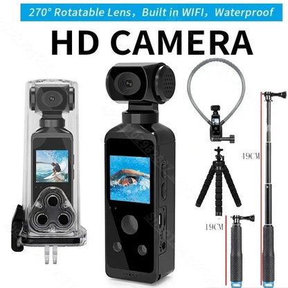 4K Ultra HD Pocket Action Camera — 270° Rotatable Vlog Sports Cam with WiFi, Waterproof Case & Helmet Mount