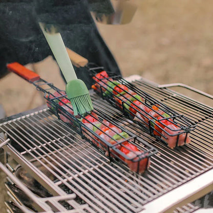 Wooden Handle Outdoor Barbecue Cage - Camping Meat and Vegetable BBQ Net Rack, Ideal Picnic Barbecue Tools