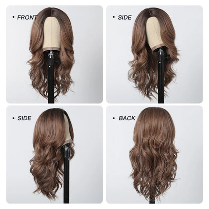 Long Wavy Brown Synthetic Wig for Women – Middle Part, Natural Look, Heat-Resistant Fiber for Daily Wear & Cosplay