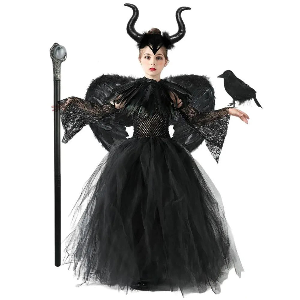 Girls’ Evil Queen Tutu Dress - Handmade Black Mesh Princess Halloween Cosplay Costume