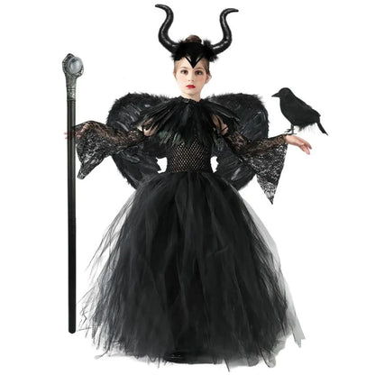 Girls’ Evil Queen Tutu Dress - Handmade Black Mesh Princess Halloween Cosplay Costume