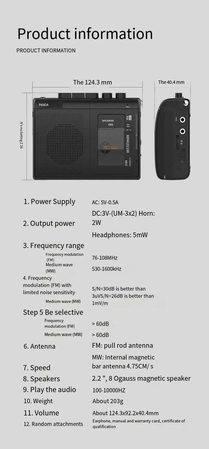 Portable Tape AM/FM Radio – Retro Cassette Music Player Walkman with Loudspeaker & 3.5mm Headphone Support