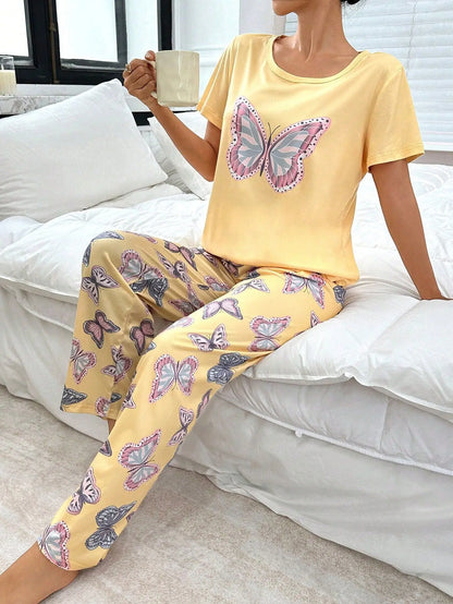Women's Butterfly Print Pajama Set - 2-Piece Short Sleeve Top and Trousers Sleepwear