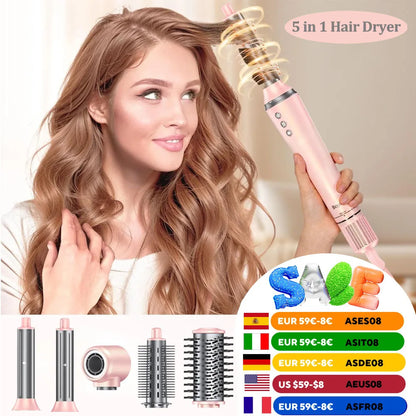 5-in-1 Hair Dryer & Styling Tool – Straightener, 32mm Curling Iron with 300 Million Negative Ions, Quick Drying Hair Care Gift