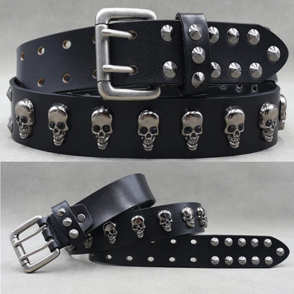Men’s Designer Rivet Belt – Genuine Cowhide Leather Punk Rock Pin Belt for Jeans, Luxury Black Leather Belt