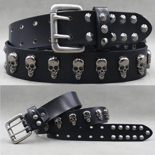 Men’s Designer Rivet Belt – Genuine Cowhide Leather Punk Rock Pin Belt for Jeans, Luxury Black Leather Belt