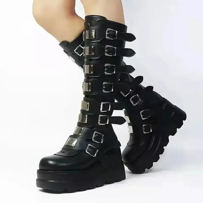 Women’s Gothic Knee-High Platform Boots – Black Punk Motorcycle Shoes for Halloween Cosplay