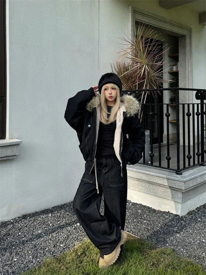ZAROY Y2K Fur Collar Hooded Parka – Thick Padded Gothic Winter Jacket Streetwear for Men & Women
