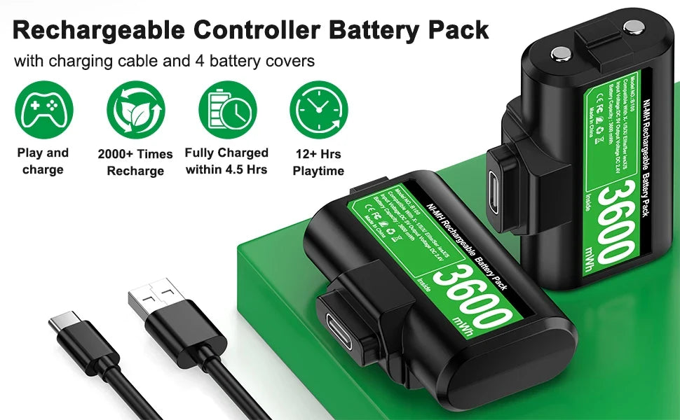 BEBONCOOL 2x3600mWh Rechargeable Batteries for Xbox One & Series S/X Controllers | Xbox Accessories Pack