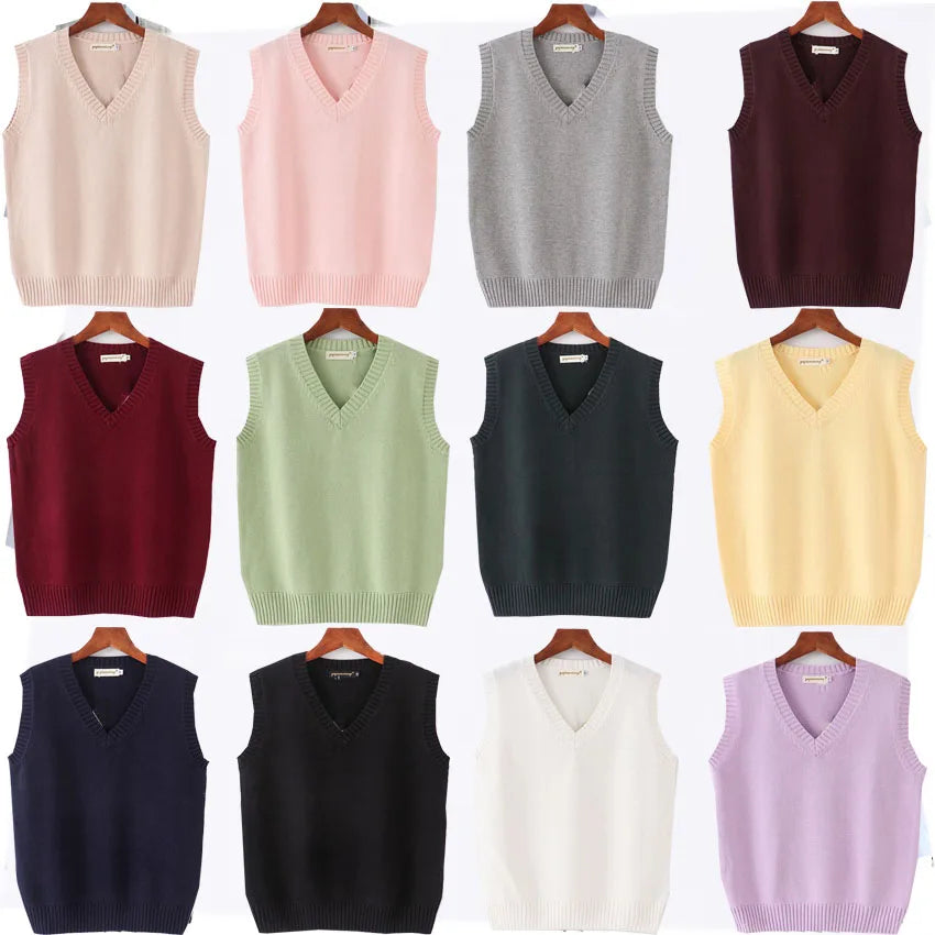 Unisex Sleeveless Sweater Vest – V-Neck Preppy Knitted Jumper for Women & Men, Retro Spring Fashion