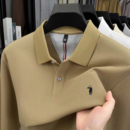 Men's 100% Cotton Long Sleeve Polo Shirt - Embroidered Business Casual Fashion Polo