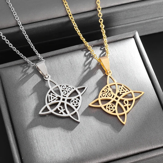 Witchcraft Witch Knot Necklace - Irish Trinity Knot Triple Spiral Pendant, Stainless Steel Ankh Cross Pentagram Amulet Jewelry