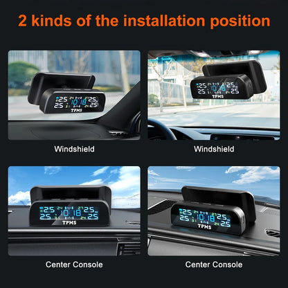Solar TPMS Tire Pressure Monitoring System – 4-Wheel External Sensors with Temperature Alarm for Car Tyre Safety