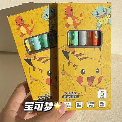 5PCS Pokemon Gel Pens – Pikachu, Charmander & Squirtle Cute Anime Cartoon Stationery for School & Holiday Gifts