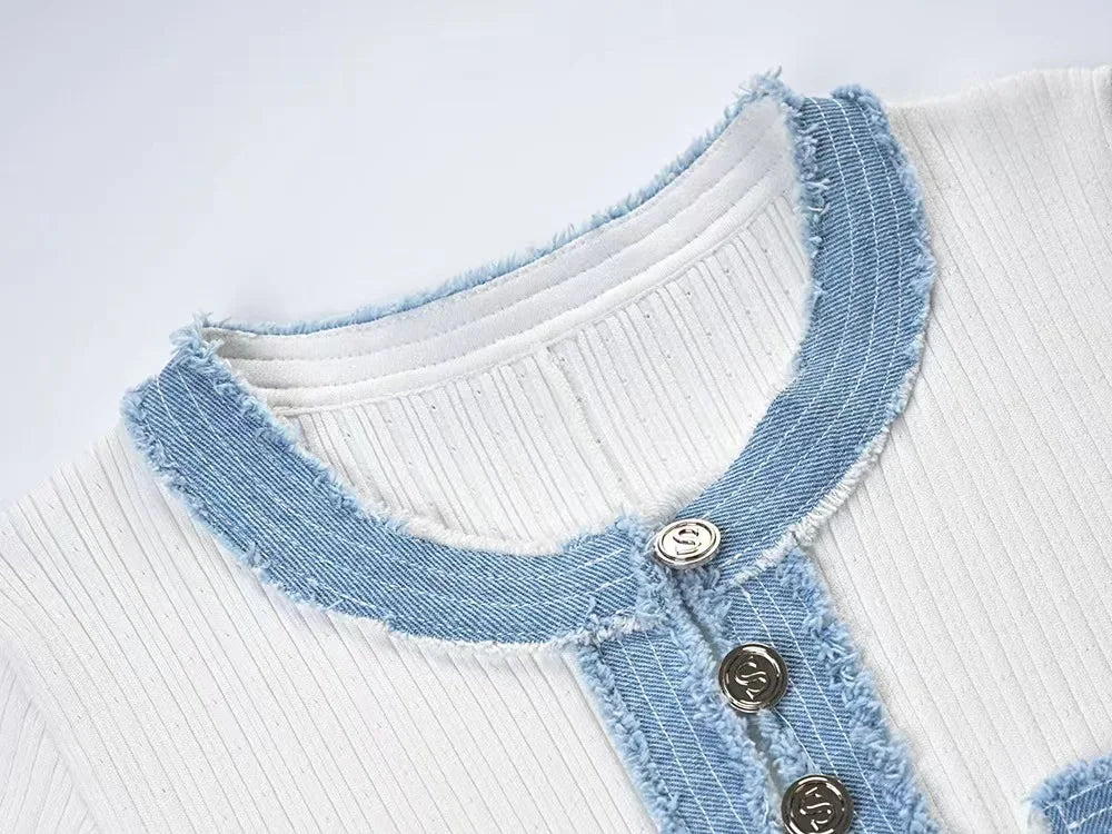 Elegant Denim Patchwork Knitted Long Dress – Women’s V-Neck Short Sleeve Bodycon with Buttons & Pockets