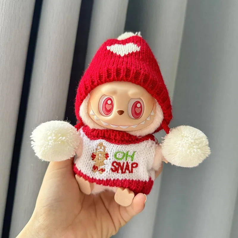 Mini Winter Plush Outfit for Labubu V1–V3 Dolls – Santa, Snowman & Elk Sweater Hat Set, New Year Gift