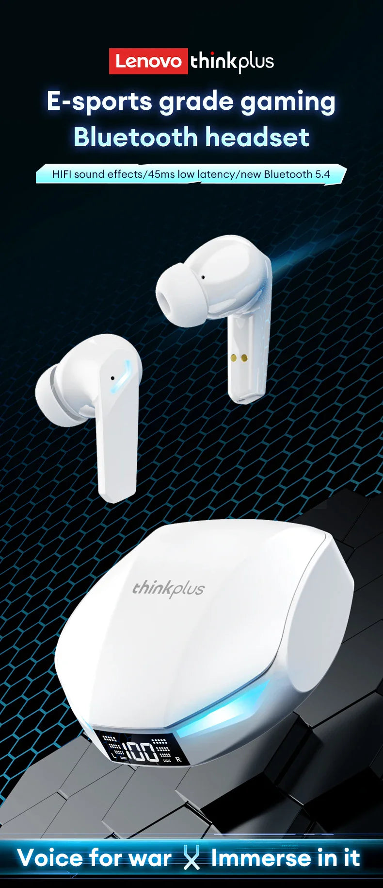 Lenovo GM2 PRO MAX Wireless Earbuds – Bluetooth 5.4, LED Display, Waterproof, Low Latency Gaming Headset
