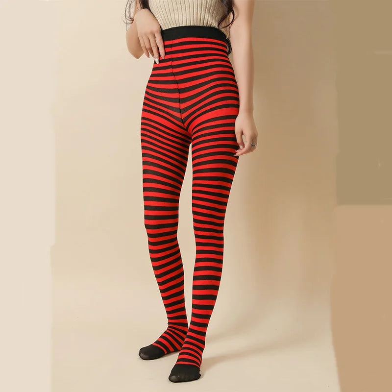 Goth Punk Women’s Rainbow Striped Pantyhose – High Waist Slim Leggings for Halloween Christmas Cosplay