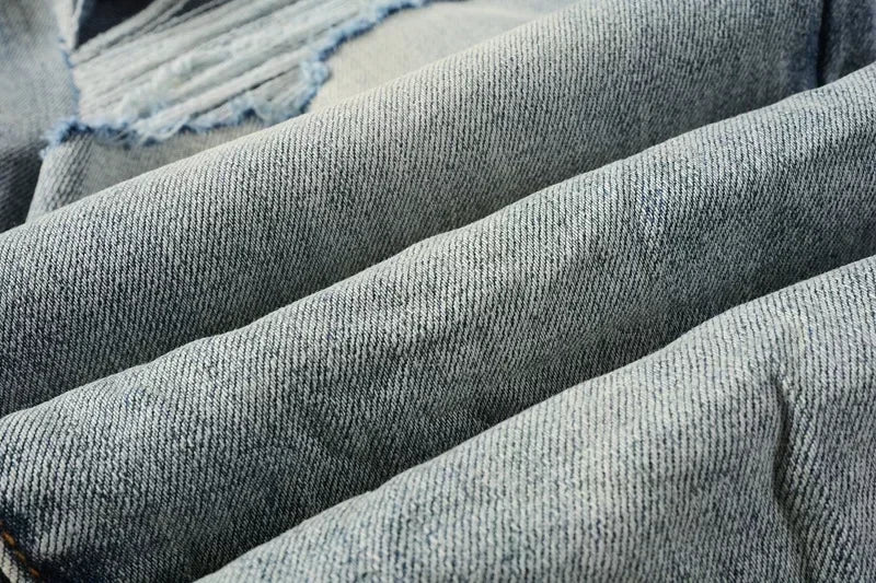 2025 Men’s High Street Ripped Skinny Jeans — Low Rise Blue Distressed Denim Fashion Repair Trousers 9003