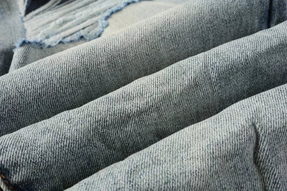 2025 Men’s High Street Ripped Skinny Jeans — Low Rise Blue Distressed Denim Fashion Repair Trousers 9003