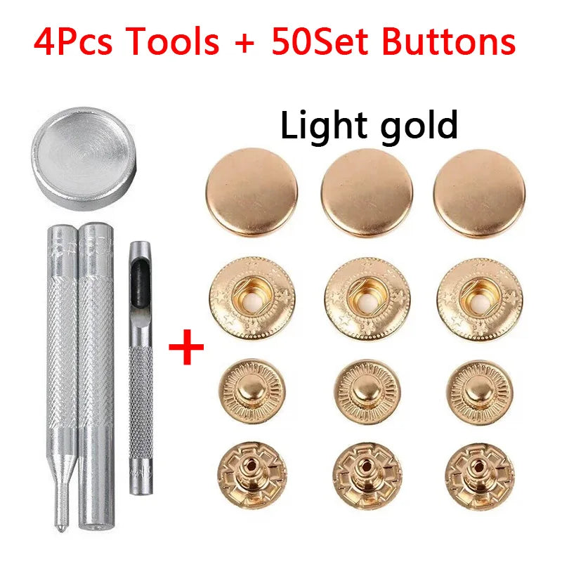 50 Sets Leather Snap Fasteners Kit – 10mm/12mm/15mm Metal Press Studs with 4 Tools for DIY Clothes & Crafts