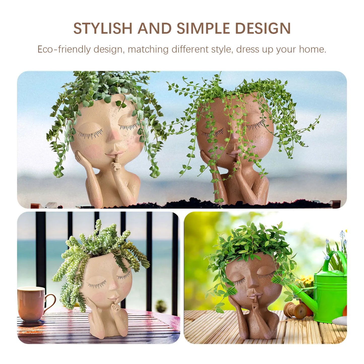 Resin Face Head Planter with Drain Holes - Succulent and Flower Pot Container, Ideal for Garden Decor and Tabletop Ornament