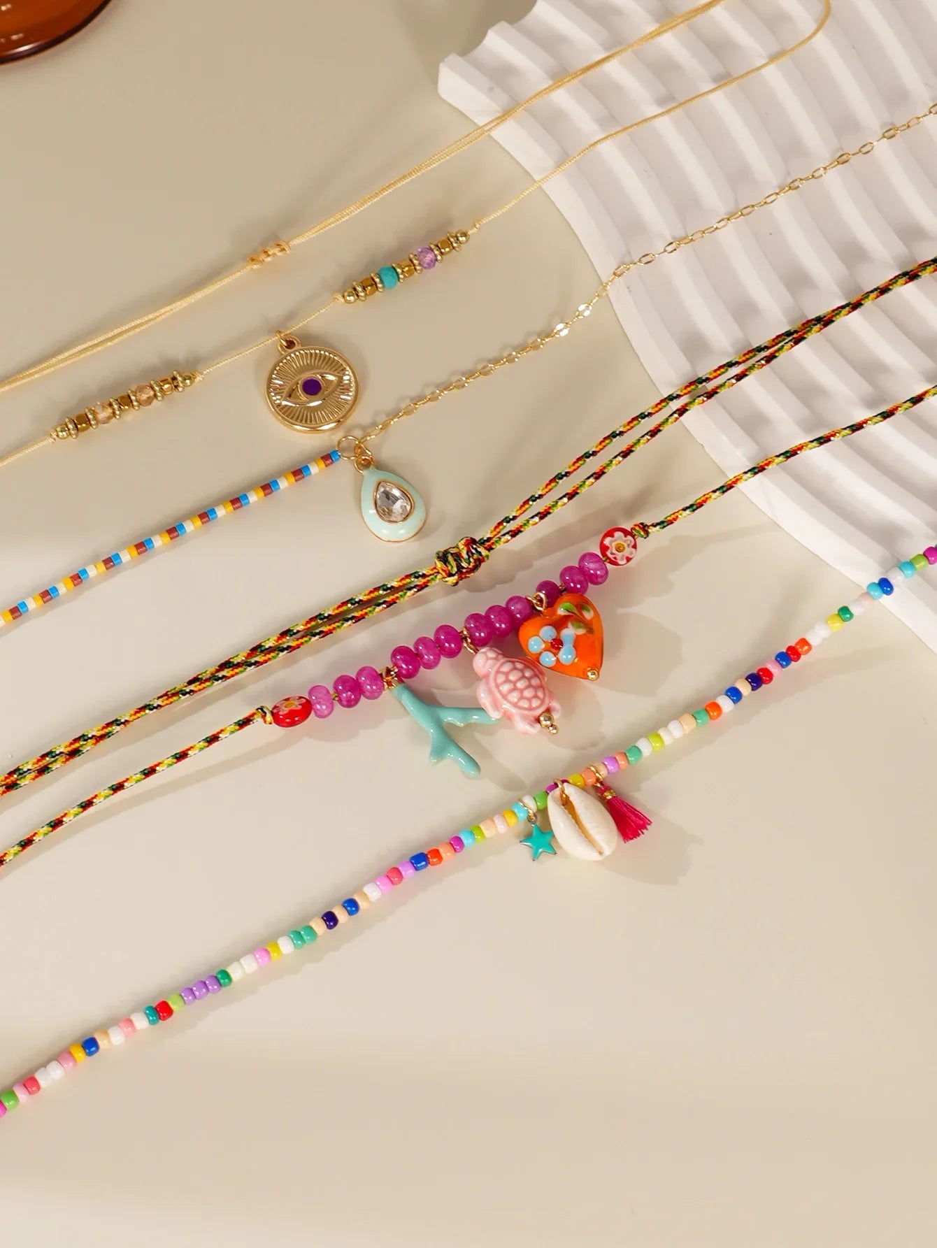 4pcs Bohemian Charm Necklace Set - Ethnic Devil’s Eye, Love Turtle Ceramic Pendant Multi Layer Party Jewelry