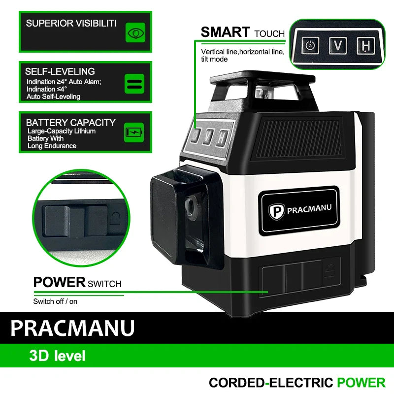 Pracmanu Mini 12-Line 3D Laser Level — Self-Leveling 360° Horizontal & Vertical Green Laser Beam