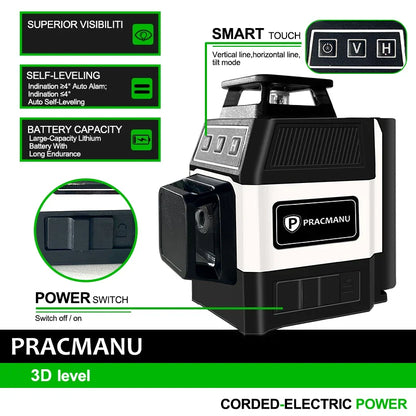 Pracmanu Mini 12-Line 3D Laser Level — Self-Leveling 360° Horizontal & Vertical Green Laser Beam