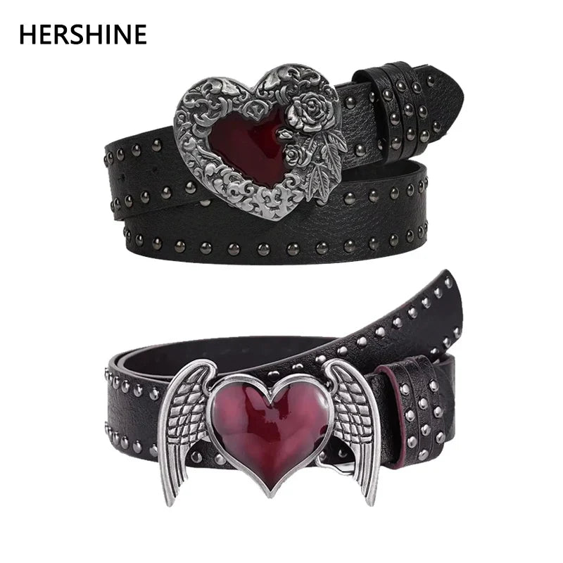 Rose Heart Leather Belt - Y2K Punk Gothic Rivet Rock Hip-Hop Fashion Accessory