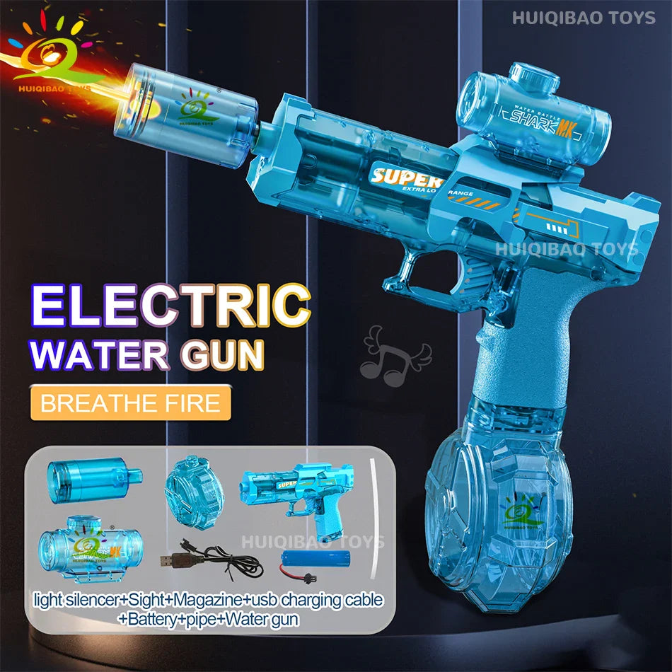 HUIQIBAO Electric Pulse Water Gun with LED Flame Effect – Automatic Sensor Water Pistol Outdoor Beach & Summer Battle Toy for Kids & Adults