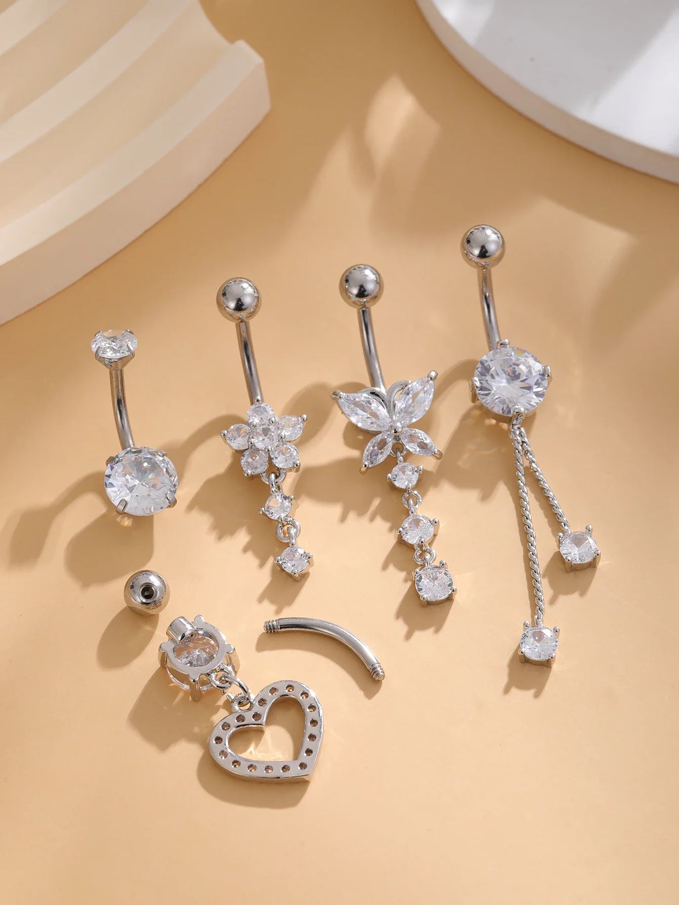 5PCS Belly Button Ring Set – 14G Curved Navel Piercing with Butterfly & Heart Charms, Body Jewelry for Women & Girls
