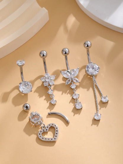 5PCS Belly Button Ring Set – 14G Curved Navel Piercing with Butterfly & Heart Charms, Body Jewelry for Women & Girls