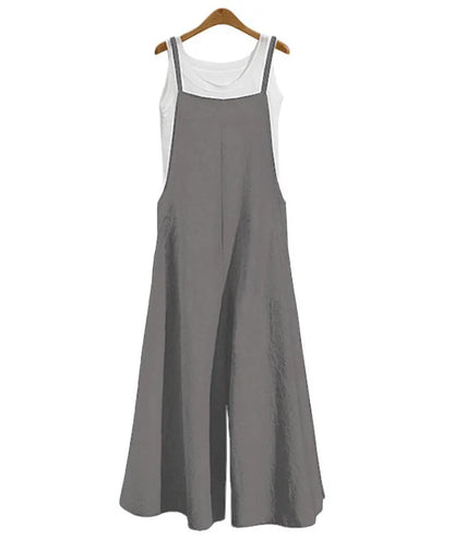 Women’s Summer Wide Leg Jumpsuit Overalls – Solid Color Sleeveless Cotton Linen Bib Dungaree, Casual Loose Fit Plus Size 5XL